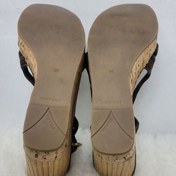 Prada Brown Suede Platform Slingback Cork Wedge Bamboo Sandals Shoes Size 7.5 - Picture 8 of 8